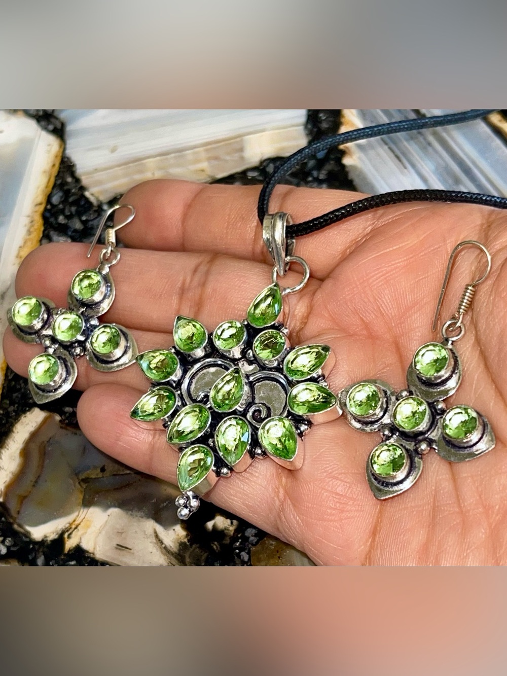 Simulated Green Peridot Statement Pendant & Earrings Set